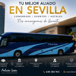 Autocar de Falcón León frente a FIBES Sevilla, especializado en transporte para congresos, eventos, hoteles y traslados de grupos en Sevilla.