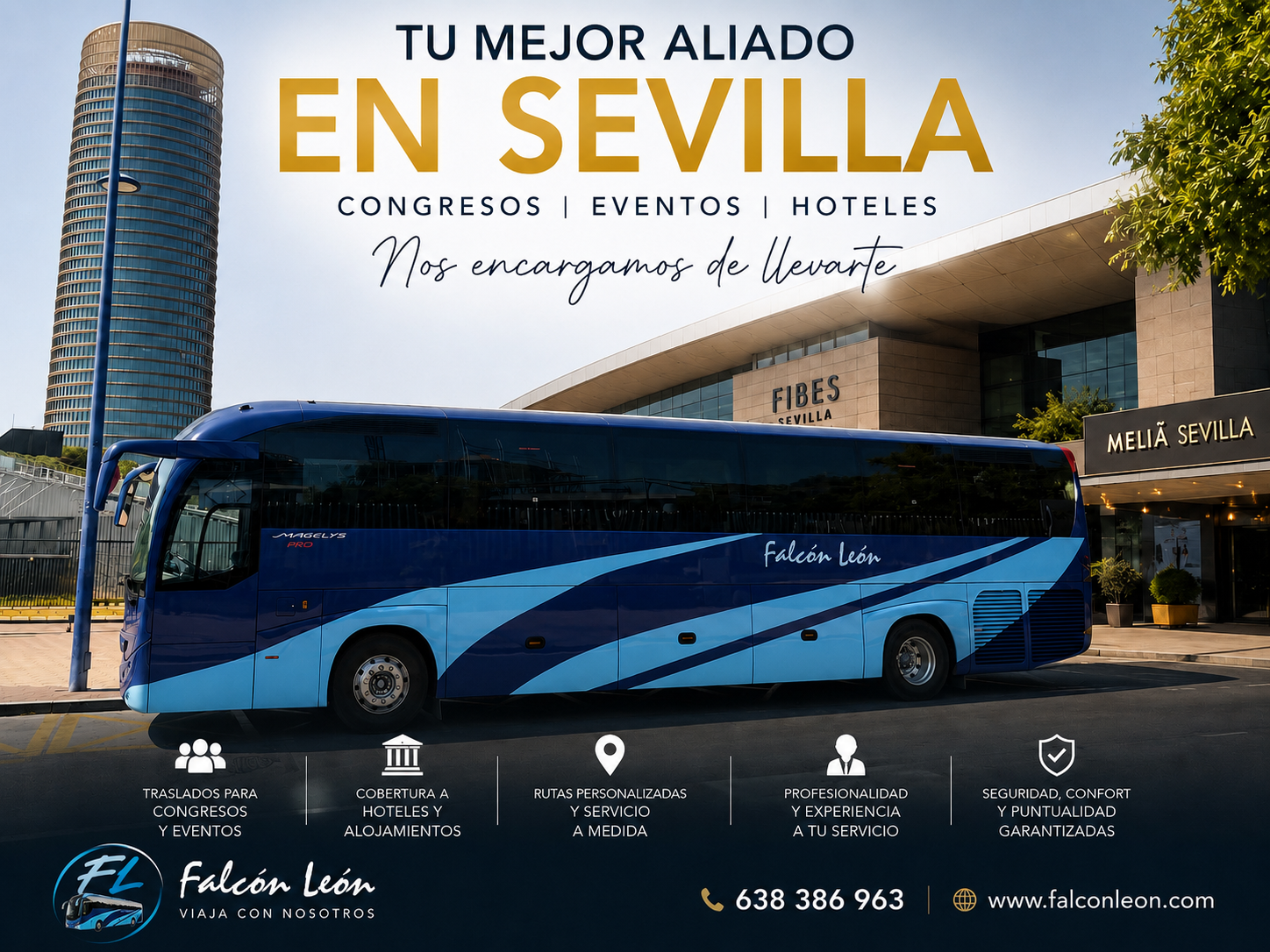 Autocar de Falcón León frente a FIBES Sevilla, especializado en transporte para congresos, eventos, hoteles y traslados de grupos en Sevilla.