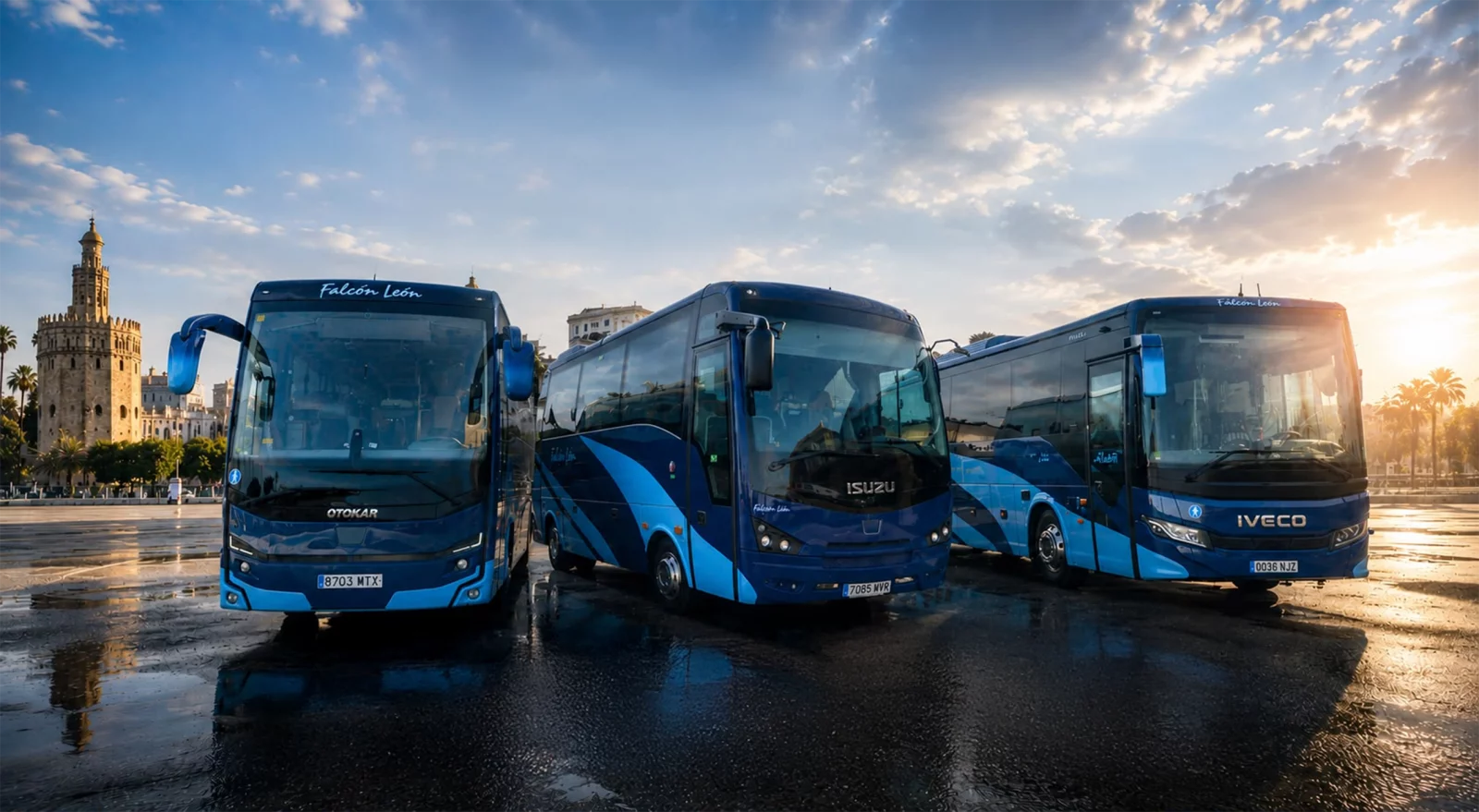 Tres autocares azules frente a la Torre del Oro
