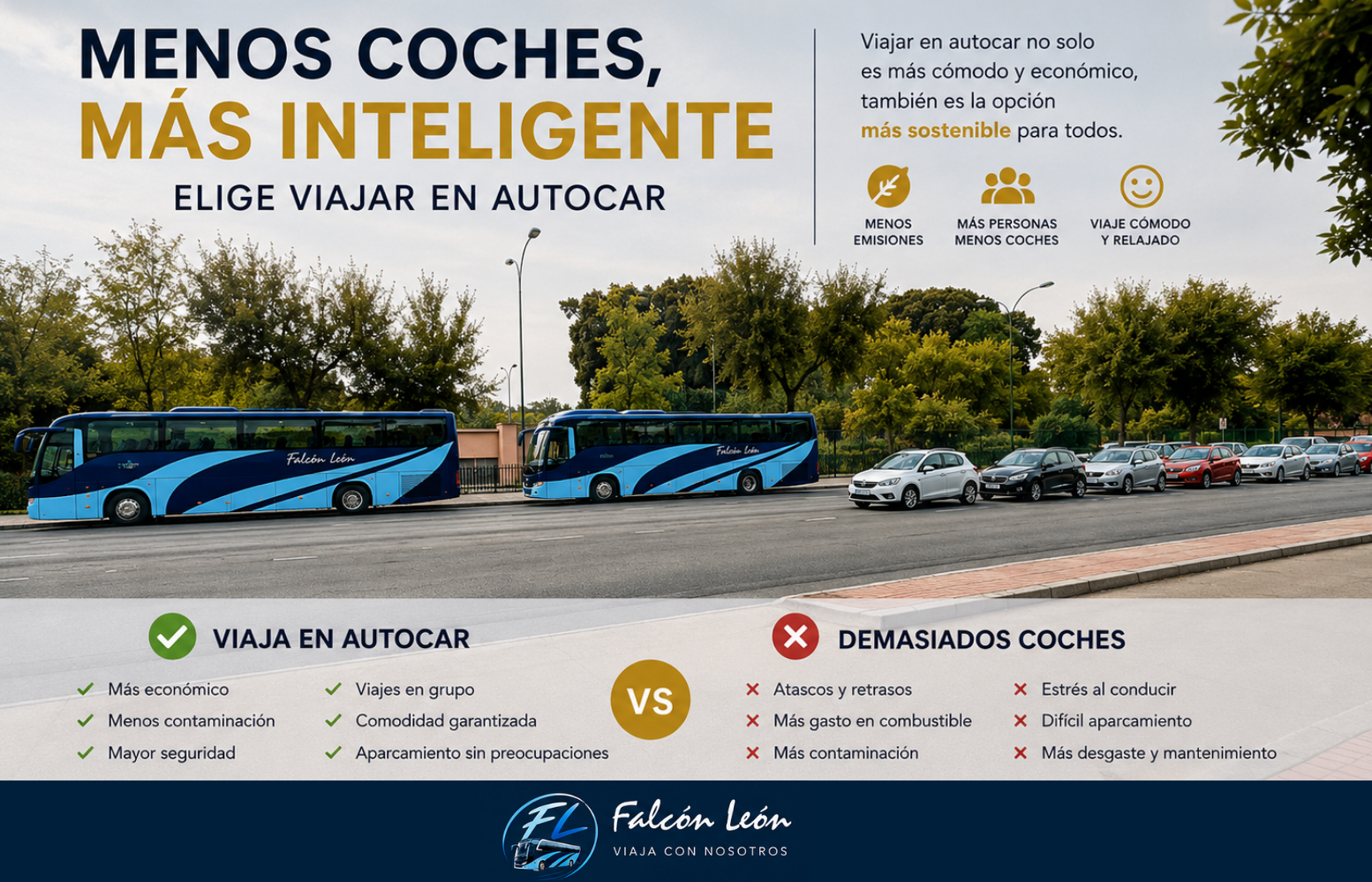 Comparativa entre el transporte colectivo en autocar y el uso de vehículos particulares para eventos en Sevilla, destacando las ventajas de viajar con Falcón León.