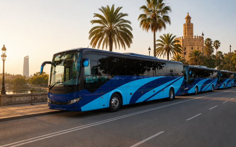 Autobús de Autocares Falcón León preparado para un servicio de transporte en Sevilla.